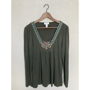 Ann Taylor Loft Green Beaded Neckline Tshirt Blouse Tunic Large embroidered boho